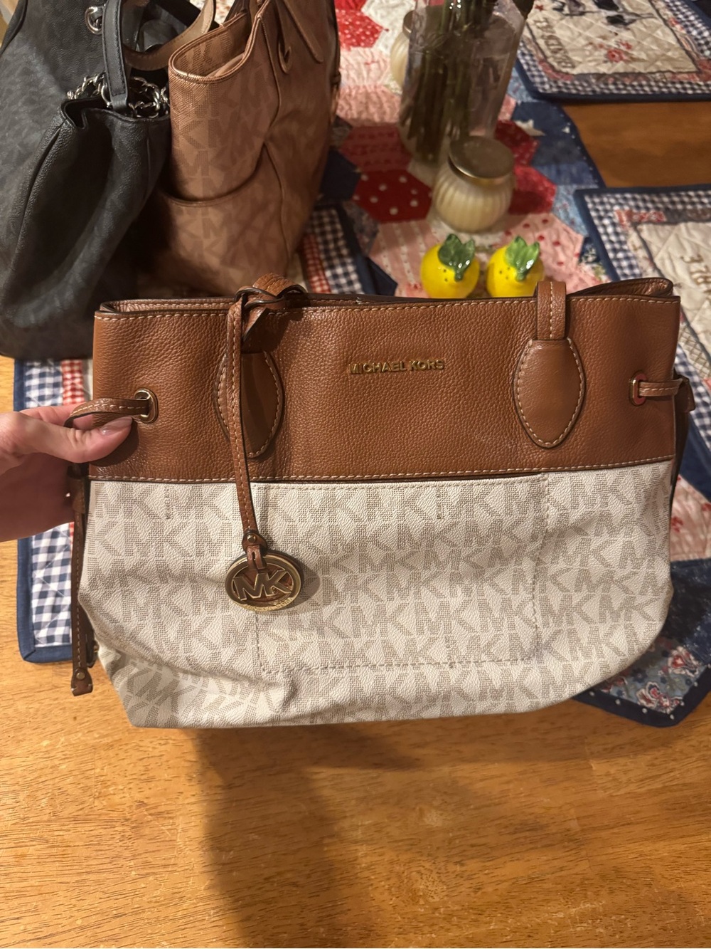 Michael Kors Cream MK Logo Tote with Brown Leather Trim